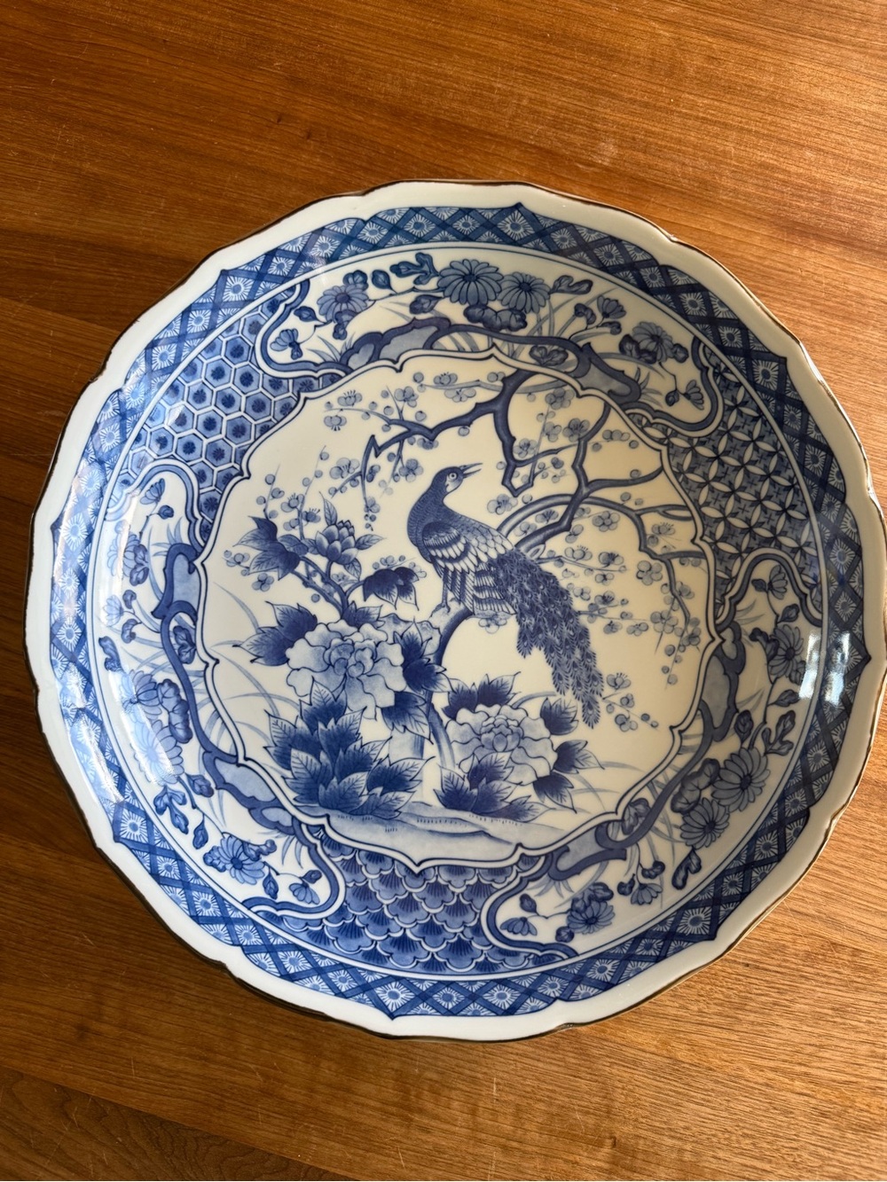 Vintage XL Andrea by Sadek 14" Blue Peacock Chinoiserie Plate Bowl Japan Signed